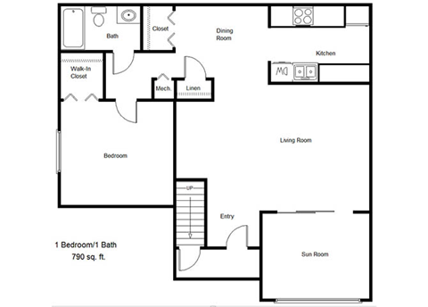 Floor plan for 1 bed, 1 bath, 780 sqft